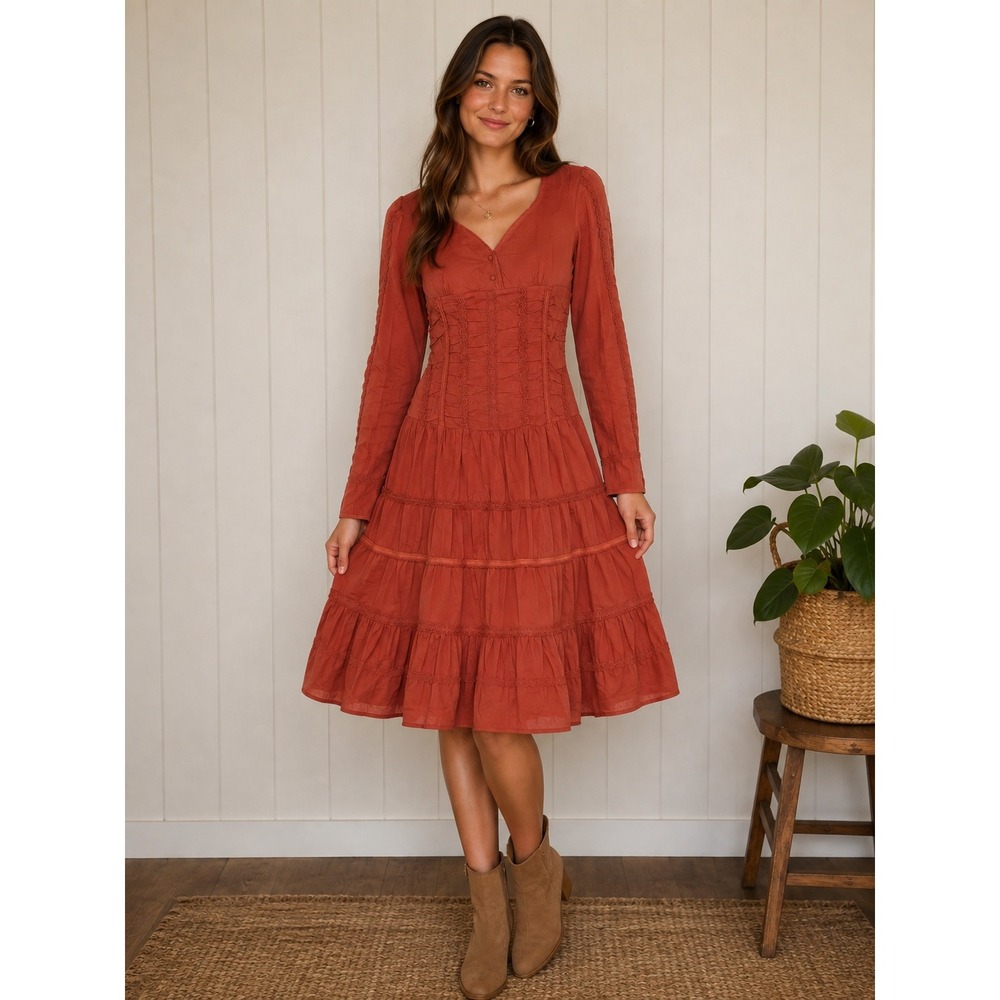 Runway 101 Terracotta Rust Cotton Smocked Tiered Midi Dress Boho Lace Trim M